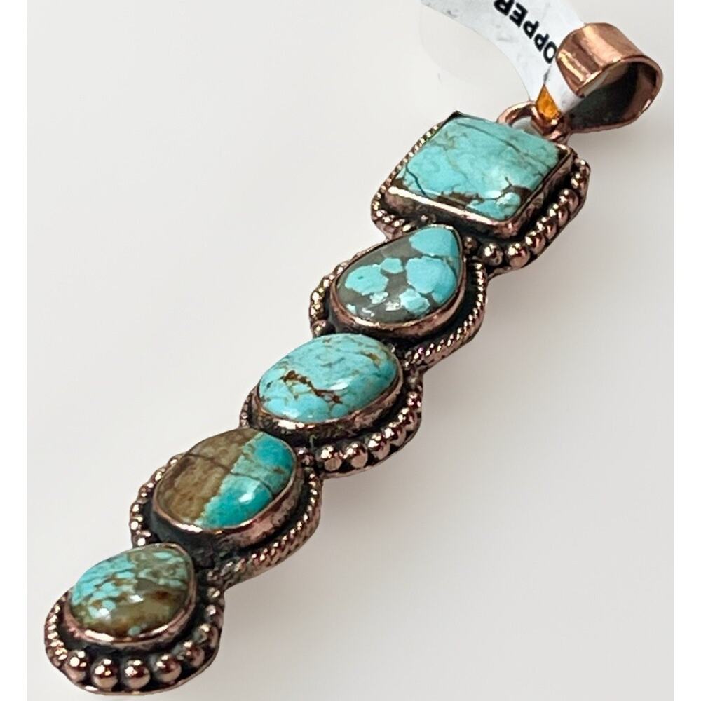 Southwestern No. 8 Mine Turquoise Five Stone Copper Statement Pendant 3.5” - Picture 9 of 16